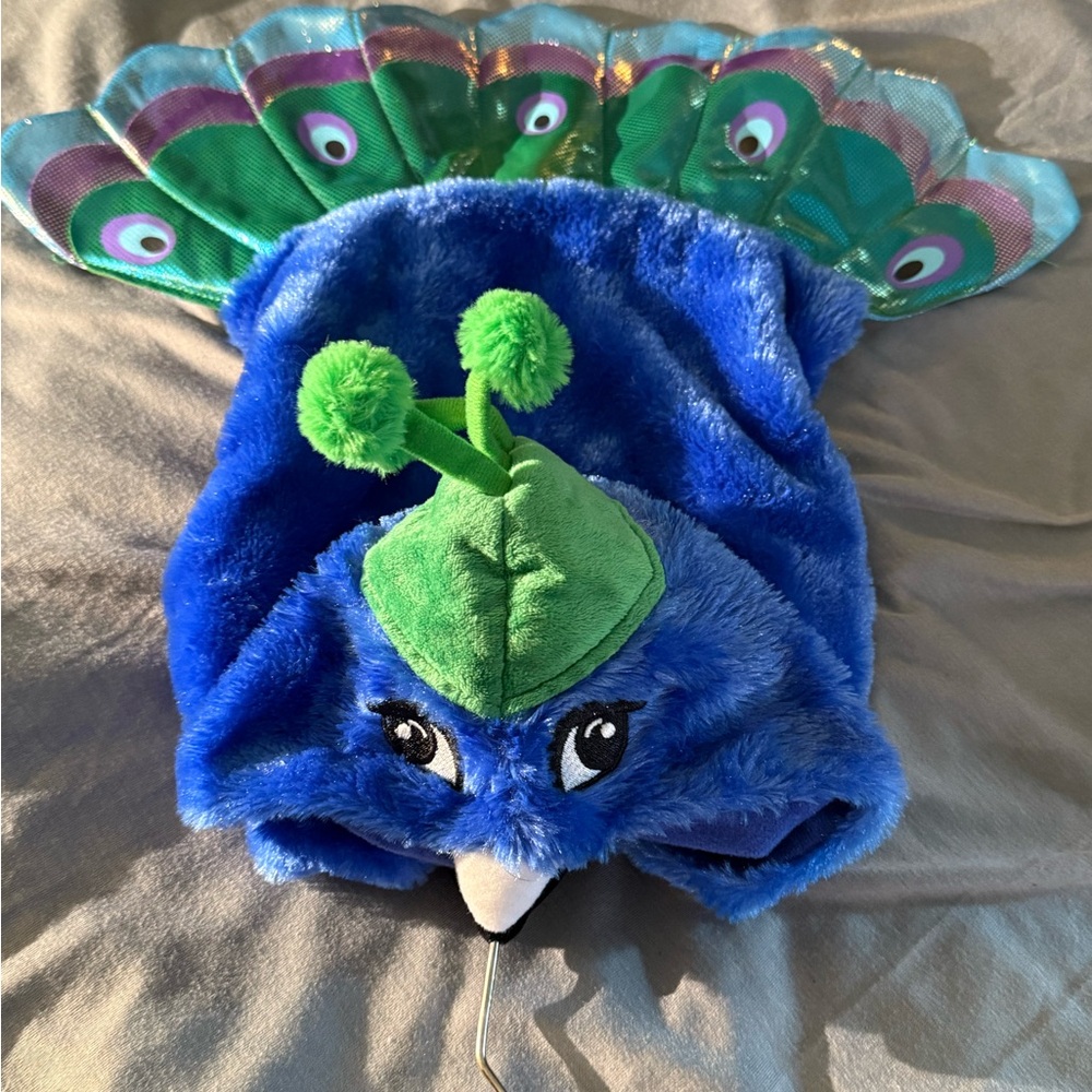 Dog small Costume Blue Peacock  with Green Accents and hood for peacock head
